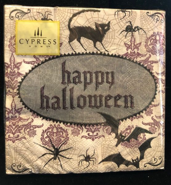 Happy Halloween Cocktail/Beverage Party Napkins, Purple, Black Cats, Bats, Spiders - 20ct