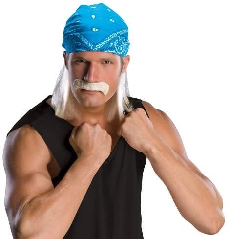 *Wrestling Star Blonde Wig with Blue Bandana, Men's - Hulk Hogan Wrestler - Halloween