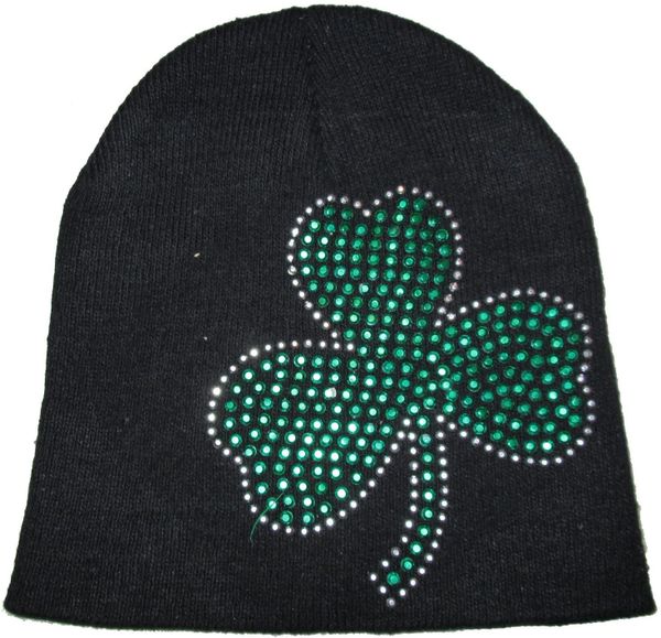 Costume Sale - Bling St. Patrick's Day Cap - Leprechaun Accessory - Irish Black Knit Beanie Hat with Green Rhinestone Shamrock - Clovers - Halloween Spirit - under $20