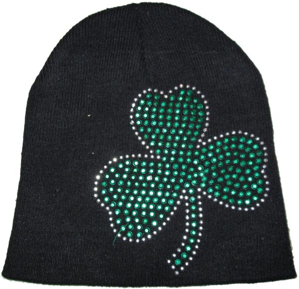 *Black Knit Beanie Hat with Green Rhinestone Shamrock - Clovers - Irish - St. Patrick's Day