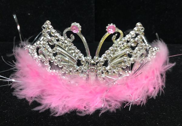 *Silver Butterfly Tiara with Pink Marabou Feathers, Girls - After Halloween Sale