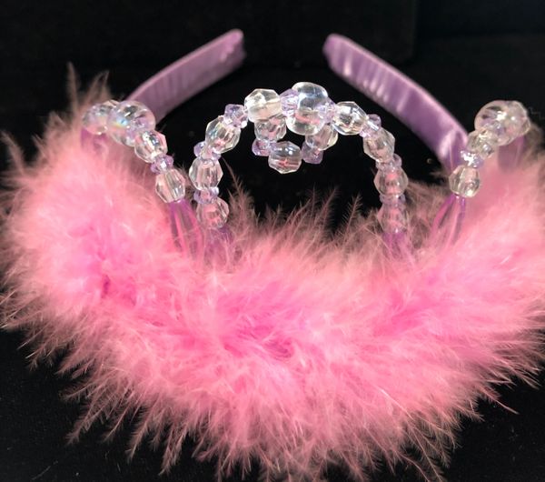 *Pink Marabou Tiara, Beaded, Satin Headband Costume Accessory - Halloween