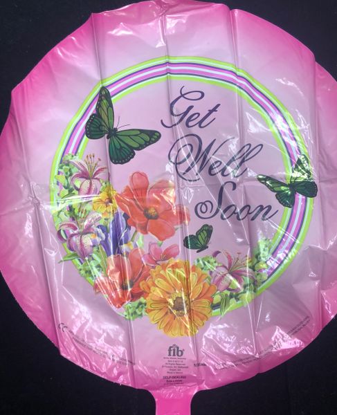 (#10a) Get Well Soon, Butterflies, Flowers, Pink Round Balloon, 18in