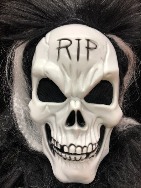 *RIP Skeleton Skull Mask with Attached Black Hair, Men's - After Halloween Sale
