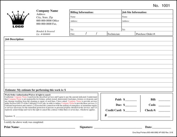 invoice forms part 3 Order Plumbing Printers  One & Stop Invoice Direct Work