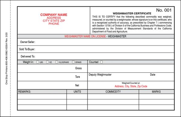 California Cannabis Certificate, Weight Slip | One Stop Printers & Direct Mail Service