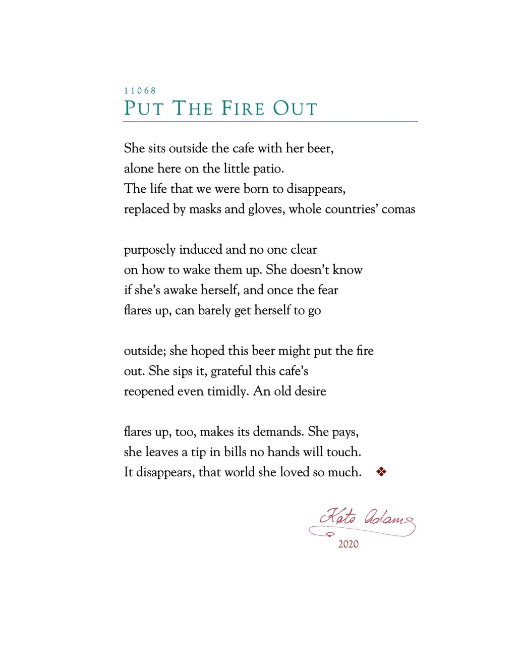 PDF of poem "Put The Fire Out"

Beer, masks and gloves, comas