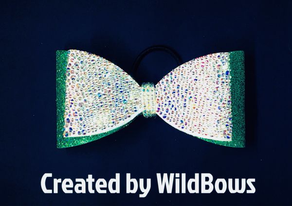 Rhinestoned dolly bow (green and white)