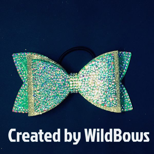 Rhinestone encrusted dolly bow (green and gold)