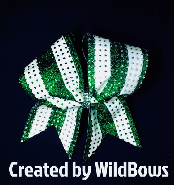 Straight line rhinestoned striped bow (green and white)