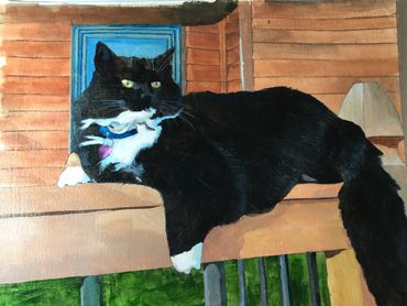 12x16  acrylic on canvas, 2019.  Our next door neighbor’s magnificent tuxedo cat. 