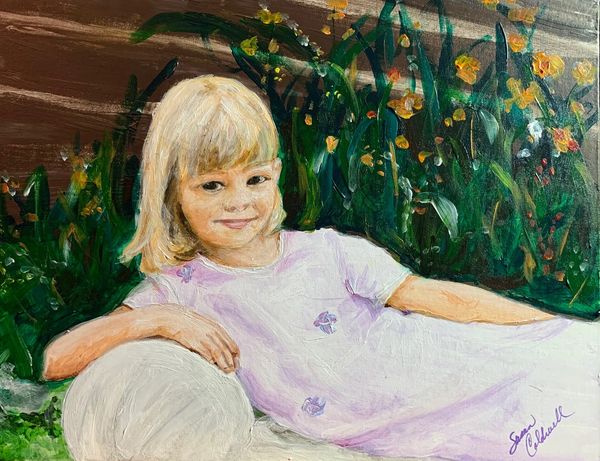 portrait of a young girl lounging on a bench beside a log cabin portrait by Susan Caldwell
