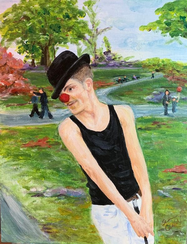 young man entertaining people in the park portrait by Susan Caldwell