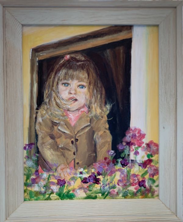 portrait of young girl in her playhouse window portrait by Susan Caldwell