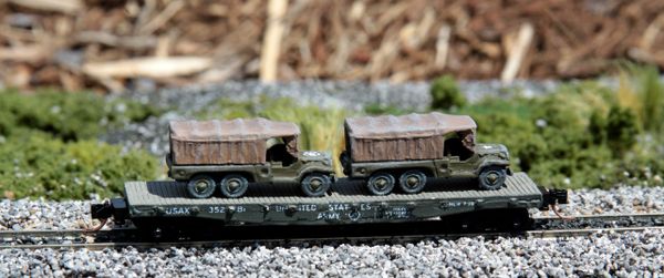 (2) 1 1/2 Ton Cargo Trucks on US Army Transportation Corp Flat Car