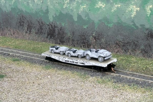 (2) Jeeps and 3/4 Ton Staff Car on US Navy Flat Car