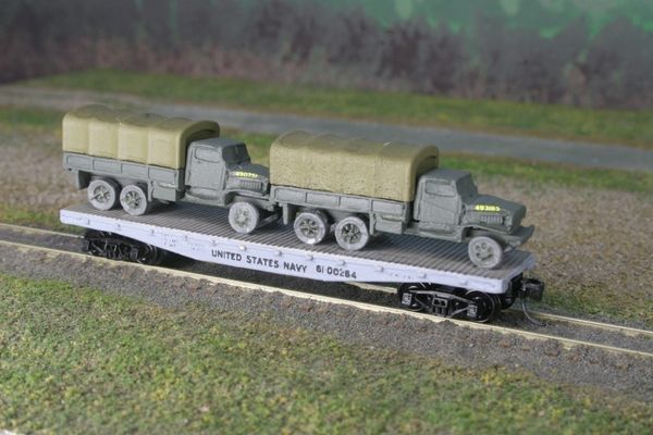 (2) USMC Chevrolet 2 1/2 Ton Cargo Trucks on US Navy Flat Car