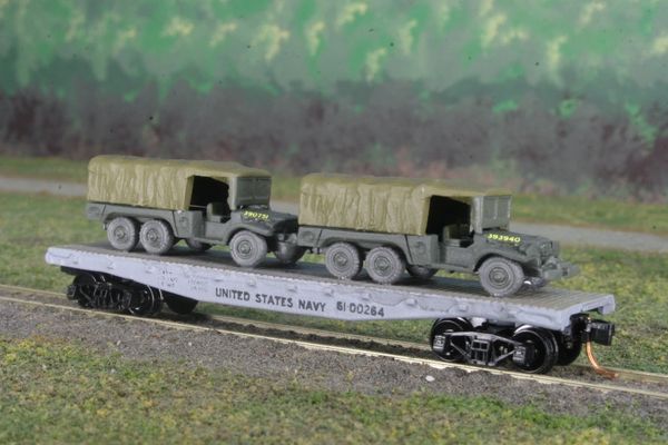 (2) USMC 1 1/2 Ton Cargo Trucks on US Navy Flat Car