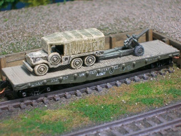 1 1/2 Ton Truck w/ Towed 105mm Artillery on US Army Transportation Corp Flat Car