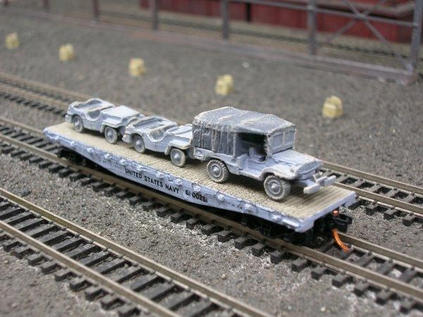 (2) Jeeps and 3/4 Ton Cargo Truck on US Navy Flatcar