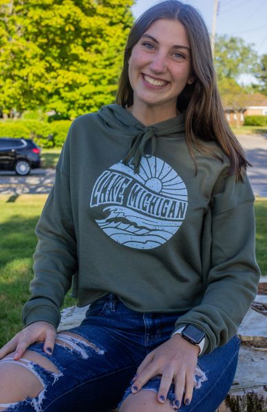 Women's Cropped Fleece Hoodie Lake Mi (Military Green) | Gordys Skate Co.