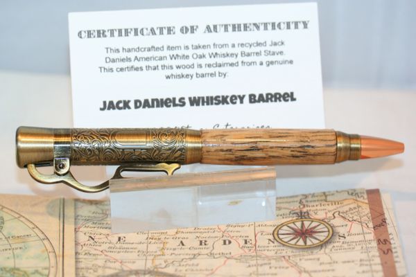 Lever Action Pen - Jack Daniels Whiskey Barrel Stave Oak Pen - Ballpoint Pen - Wood Pen - Journaling - Handmade - Rifle Pen - Antique Brass