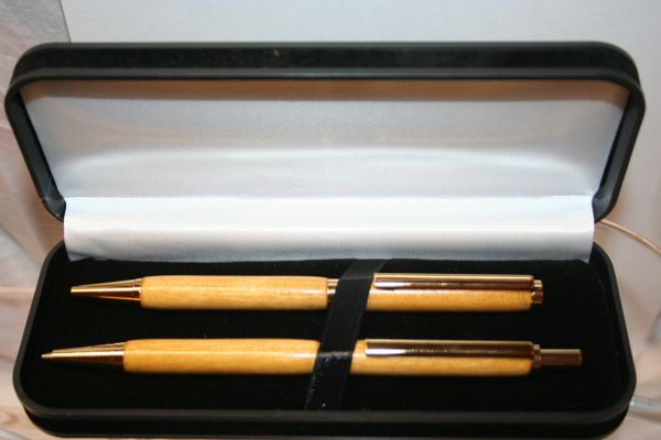 Pen and Pencil Set - Yellow Heart - Slim Twist Pen - Slim Click Pencil -Handcrafted - Wooden Pen - Bright Gold Finish with a Presentation Box