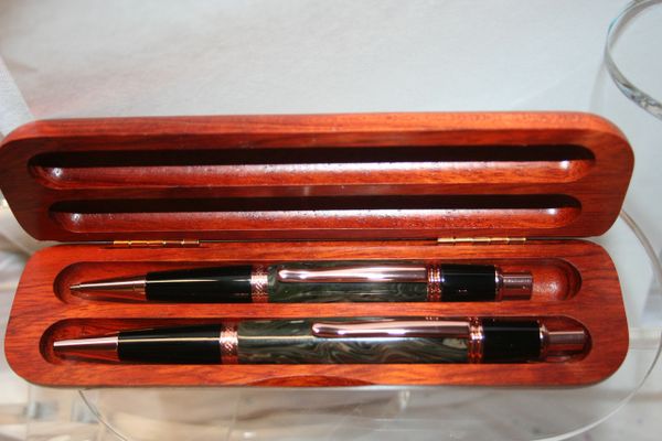 Handcrafted Acrylic Pen - Woodland Mist Executive Twist Pen and Click Pencil Set in a Bright Copper Finish with a Rosewood Presentation Box