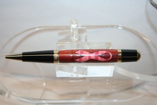 Inlay Pen - Breast Cancer Awareness in a Bloodwood Base Inlay - Pink Ribbon - Executive Twist Pen - Ballpoint Pen - Handcrafted - Wooden Pen - Pen - Bright Gold