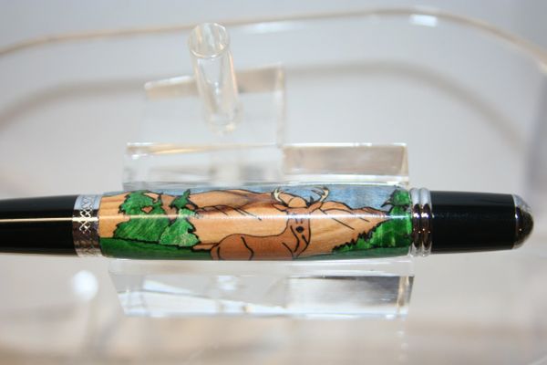 Handcrafted Wooden Pen - Deer In The Woods Inlay Twist Pen in a Bright Chrome Finish