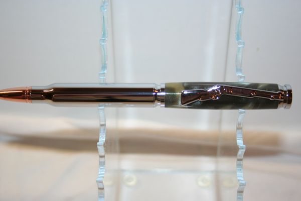 Handcrafted Cartridge Bullet Pen in Beautiful Swampland Camo in a Bright Chrome Finish