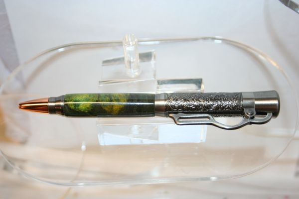 Handcrafted Wooden Pen - Lever Action Green & Yellow Dyed Buckeye Burl Pen Finished in Beautiful Antique Nickel
