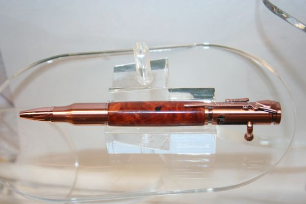 Handcrafted Wooden Pen - Bolt Action Amboyna Burl Pen Finished in Bright Copper