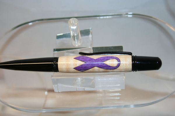 Inlay Pen - Alzheimer's Awareness - Wooden Pen - Curly Maple Base Inlay - Purple Ribbon - Executive Pen - Twist Pen - Black Chrome Finish