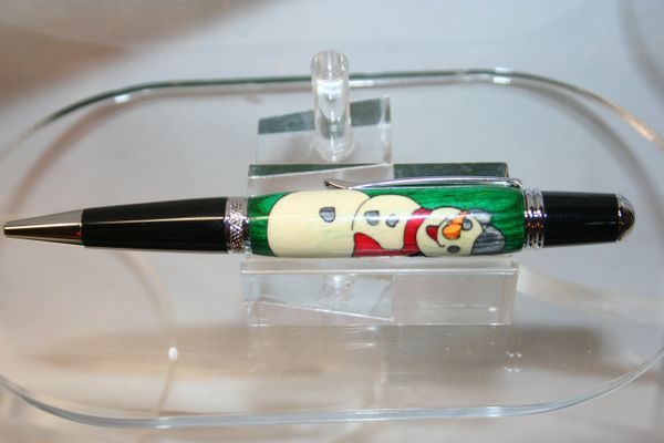 Handcrafted Wooden Pen - Frosty, A Snowman Inlay Executive Twist Pen Finished in Bright Chrome