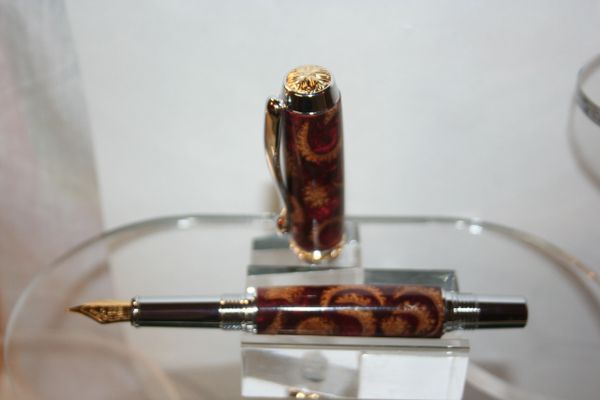 Handcrafted Wooden Pen - Triton Fountain Pen in Red Pearl and Acorn Hulls Finished in Bright Chrome with 24ct Gold Accents