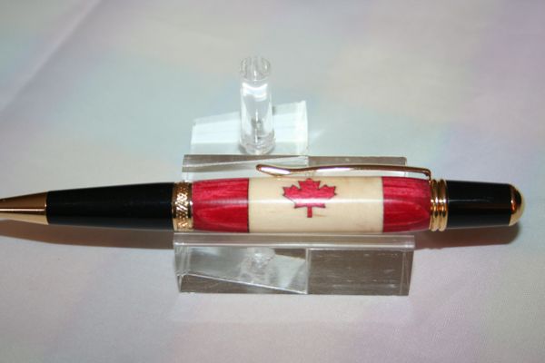 Handcrafted Wooden Pen - Canadian Flag Inlay Executive Twist Pen Finished in Bright Gold