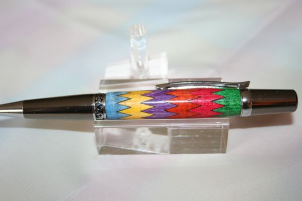 Colorful Handmade Wooden Pen in a Zig-Zag Inlay Elegant Executive Twist Pen Finished in Bright Gunmetal/Chrome