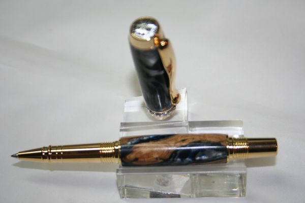 Handcrafted Wooden Pen - Triton Roller Ball in Nevada Blue and Silver Alumilite and Sagebrush Finished in a 24 ct Gold with Chrome Accents