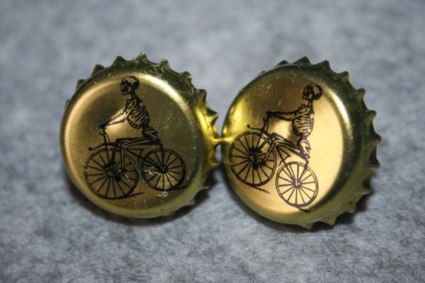 Handcrafted Cuff Links - Bone Shaker Beer Cap Cufflinks with Bright Gold Plated Bezels