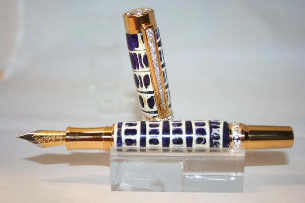 Handcrafted Bone Pen - Cambridge Hybrid Fountain Pen- Shark Vertebrae & Purple Alumilite Finished in Titanium Gold w Sterling Silver Accents