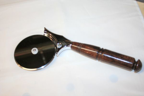 Handcrafted 4 inch Pizza Cutter in North American Claro Walnut Finished in Bright Chrome