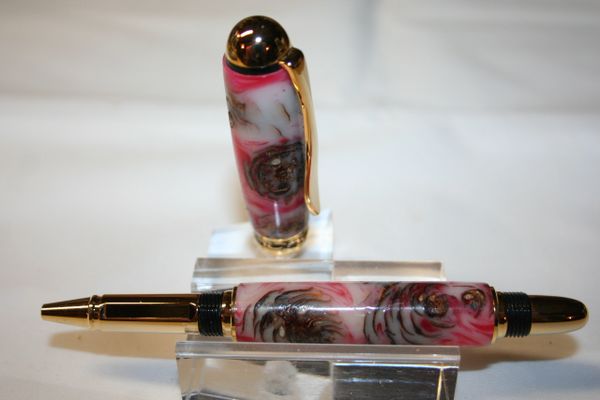 Handcrafted Pine Cone Pen - Sedona Roller Ball Pen in a Stunning Raspberry Vanilla Alumilite and Pine Cones Finished in Bright Gold