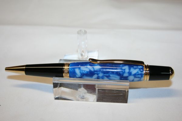 Handcrafted Acrylic Pen - Blue Ice Acrylic Executive Twist Pen in Bright Gold