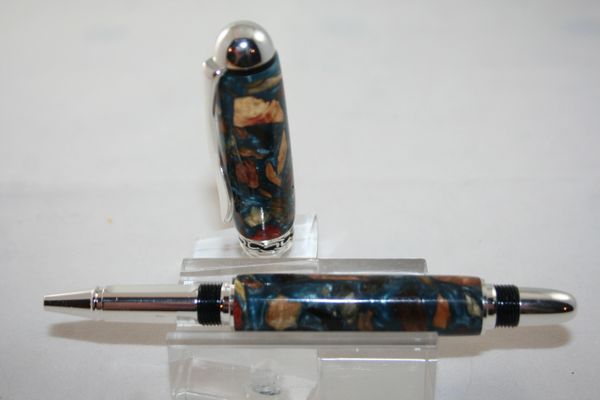 Handcrafted Wood-Acrylic Pen - Sedona Roller Ball Pen in Beautiful Burl Bits & Pieces with Blue-Silver Alumilite Finished in Sterling Silver