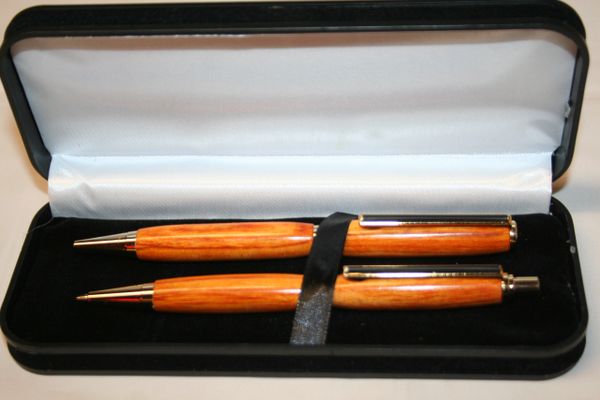 Handcrafted Wooden Pen - Orange Dyed Box Elder Slim Twist Pen and Click Pencil Set in a Bright Gold Finish/Cobalt Clip & Presentation Box