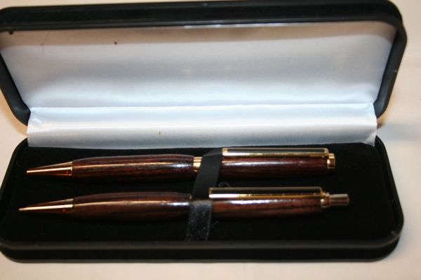 Handcrafted Wooden Pen - East Indian Rosewood Slim Twist Pen and Click Pencil Set in a Bright Gold Finish/Cobalt Clip & Presentation Box