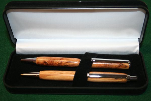 Handcrafted Wooden Pen - Spalted Siberian Elm Slim Twist Pen and Click Pencil Set in a Bright Platinum Finish with a Presentation Box
