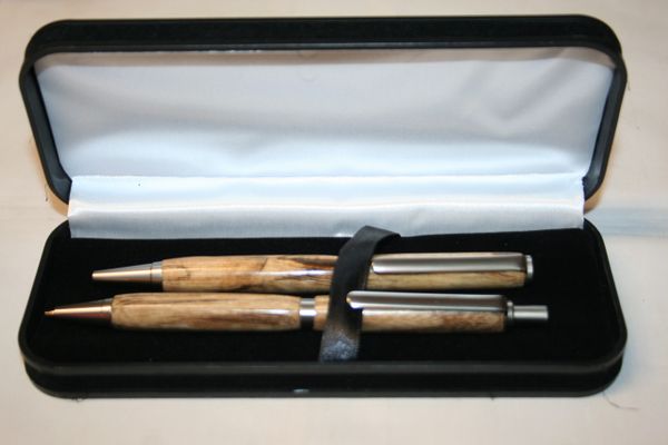 Handcrafted Wooden Pen - Spalted Hackberry Slim Twist Pen and Click Pencil Set in Satin Nickel with a Presentation Box