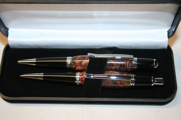 Handcrafted Wooden Pen - Orange & Black Dyed Maple Burl Executive Twist Pen and Click Pencil Set in a Chrome Finish with a Presentation Box